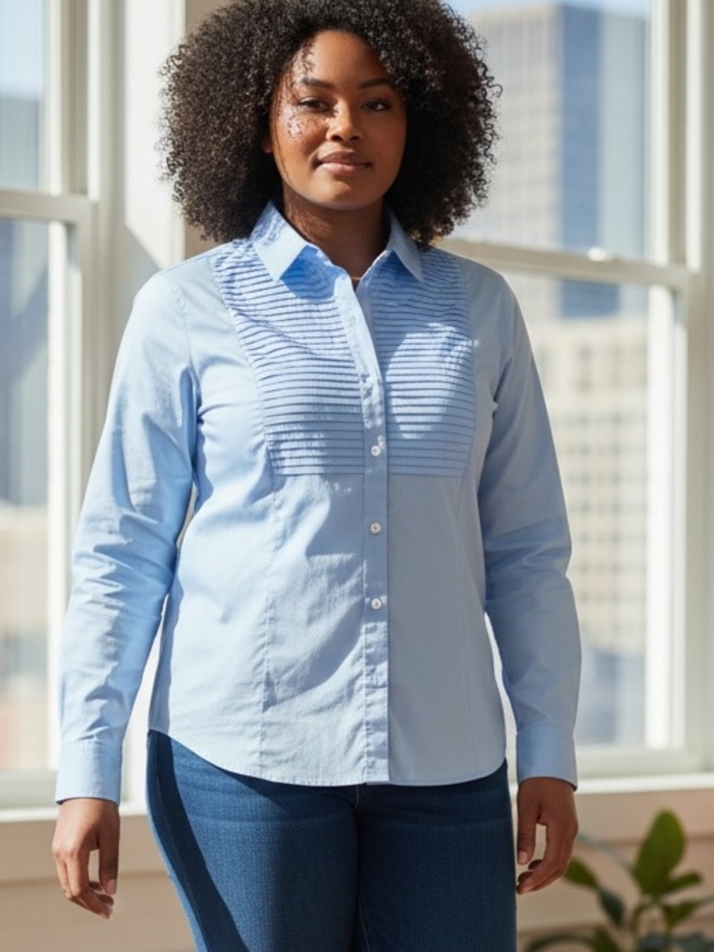 TOMMY HILFIGER pin tucked Blue Women’s long sleeve button down size XL